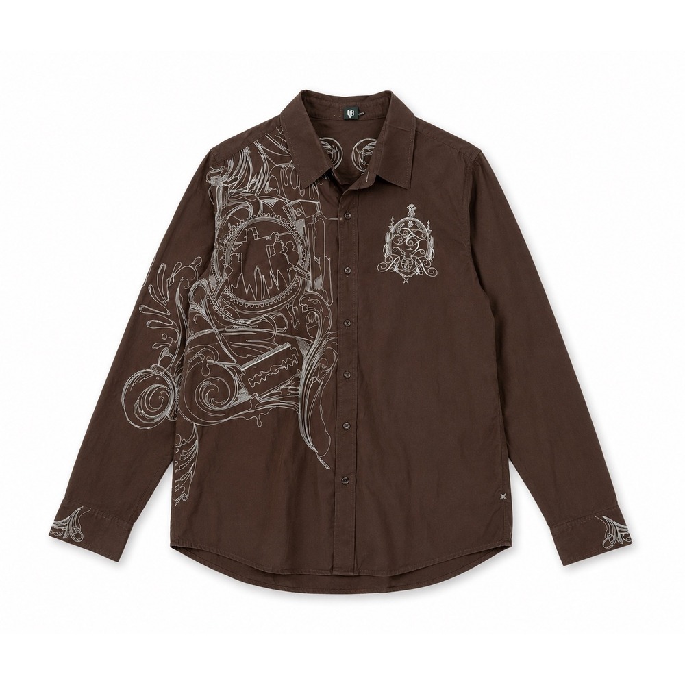 Artful Dodger Mens 3XL Brown Embroidered Long Sleeve Button Down Shirt Cotton